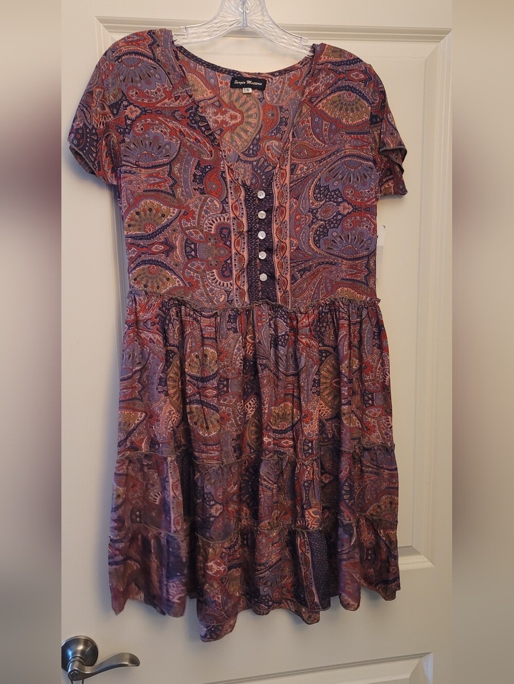 Paisley Button-Front Tiered Short Sleeve Dress - Purple Rust Blend